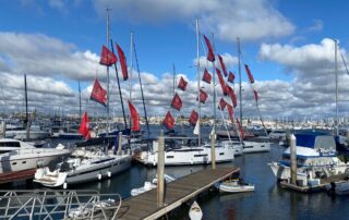 boats with flags at dock