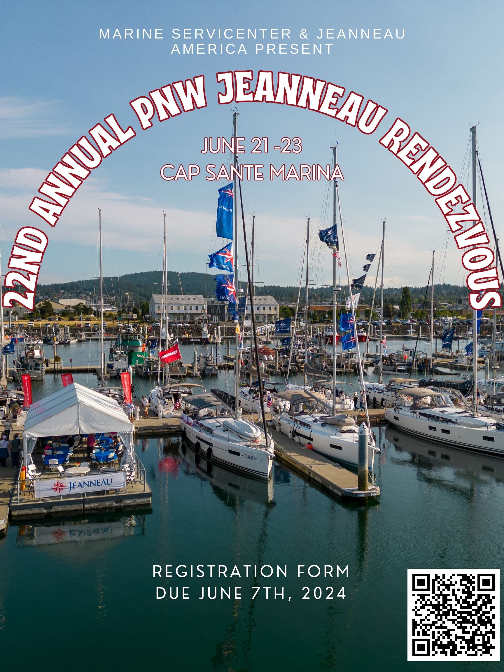 flyer advertising the 22nd annual pnw Jeanneau rendezvous with boats and marina in the background